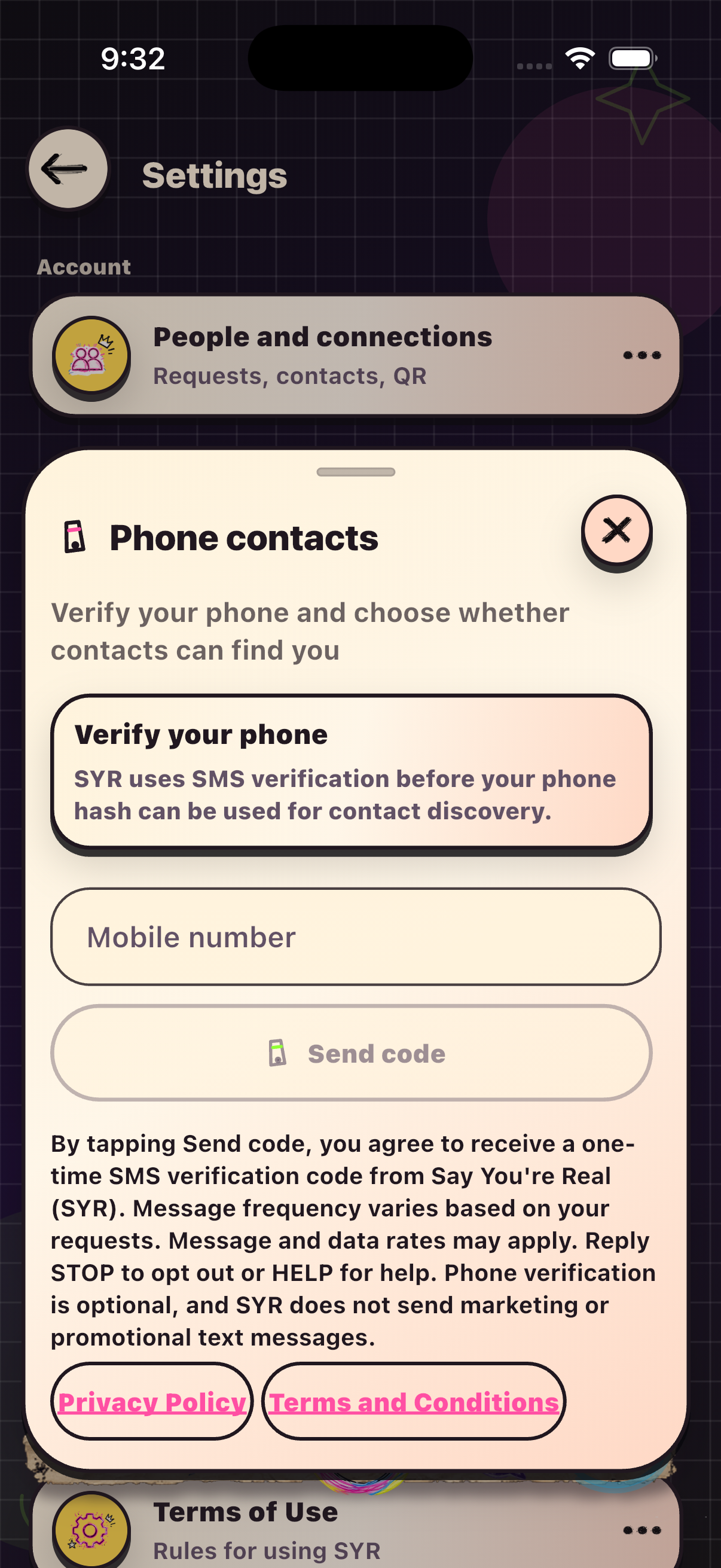 Actual SYR phone verification screen showing an empty mobile number field, the Send code button, the complete SMS consent disclosure, and Privacy Policy and Terms links.